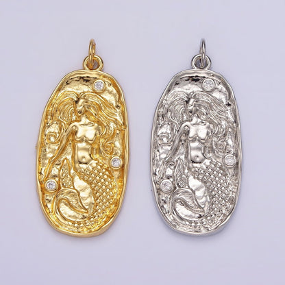 14K Gold Filled Clear CZ Mermaid Hammered Oval Charm in Gold &amp; Silver | N1106 N1107