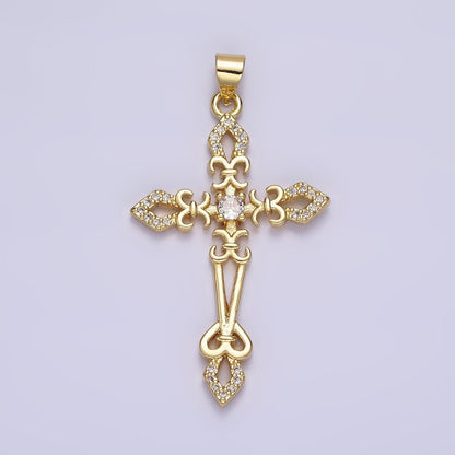 14K Gold Filled Clear CZ Micro Paved Fleur De Lis Open Passion Cross Artisan Pendant | AA638