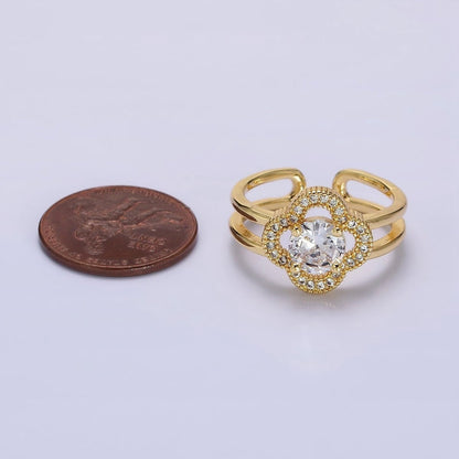 14K Gold Filled Clear CZ Micro Paved Quatrefoil Clover Double Band Ring | O-599