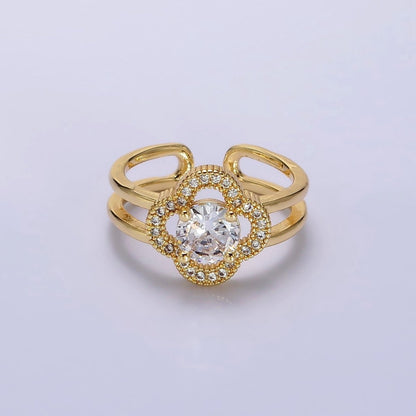 14K Gold Filled Clear CZ Micro Paved Quatrefoil Clover Double Band Ring | O-599