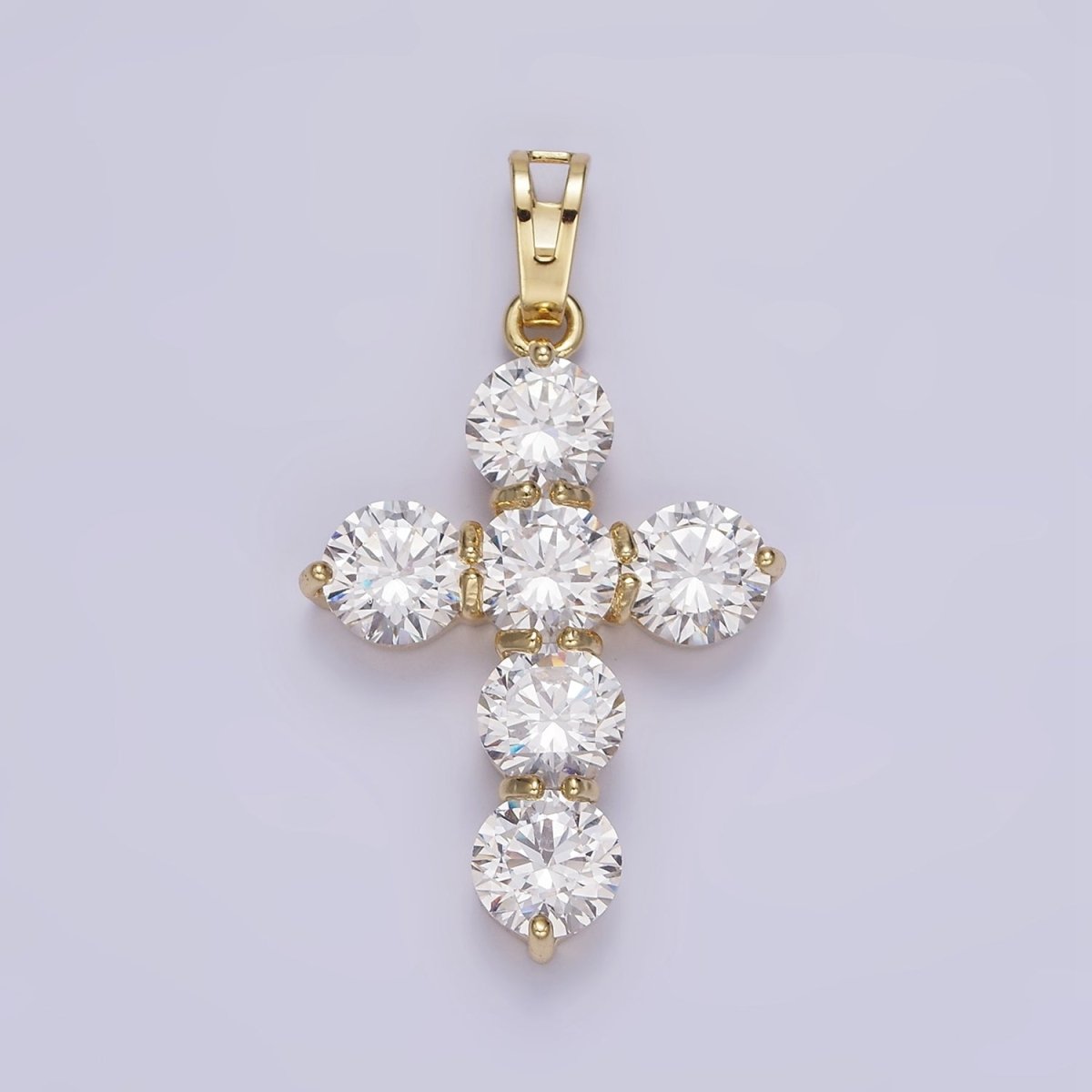 14K Gold Filled Clear CZ Round Lined Religious Cross Pendant in Gold &amp; Silver | AA650