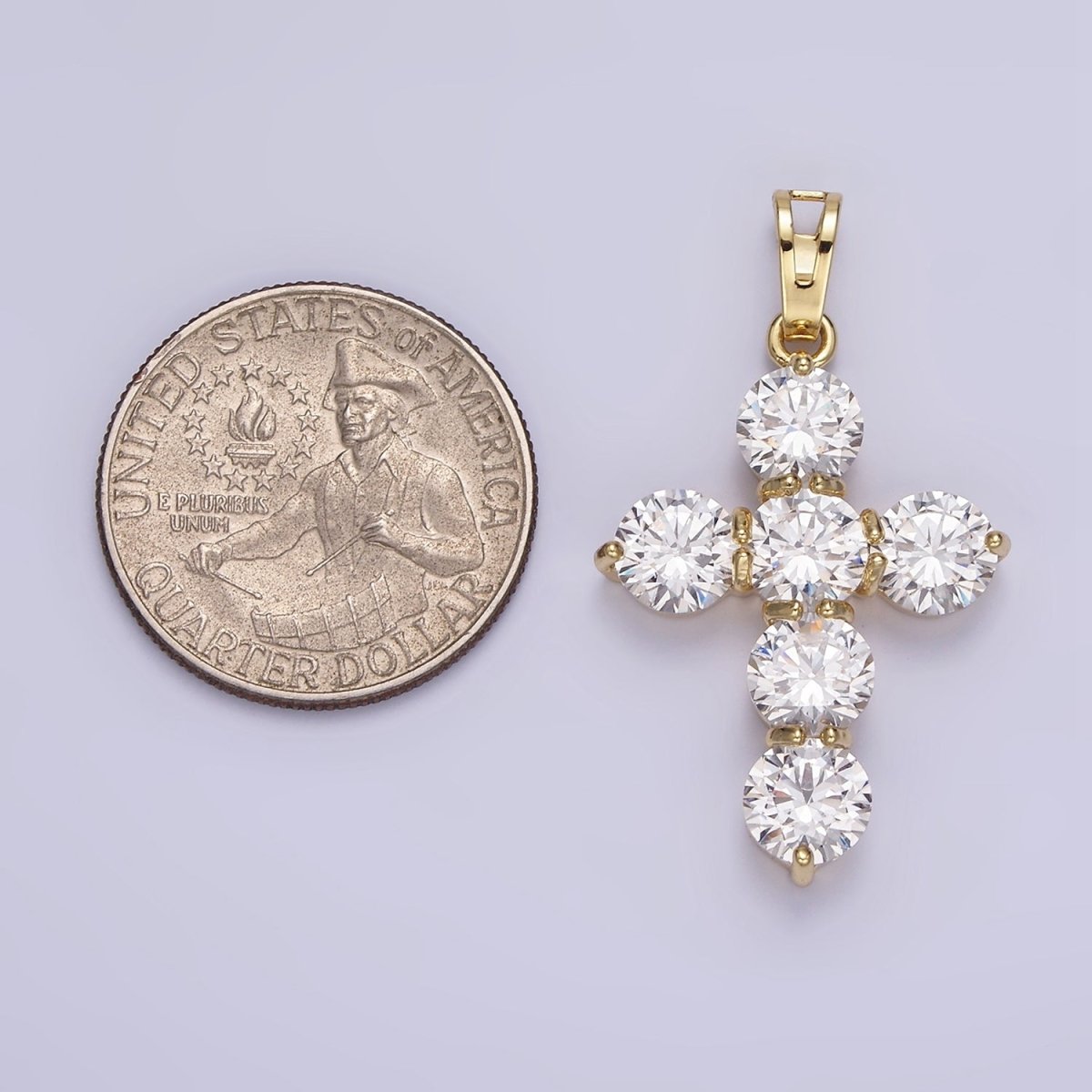 14K Gold Filled Clear CZ Round Lined Religious Cross Pendant in Gold &amp; Silver | AA650