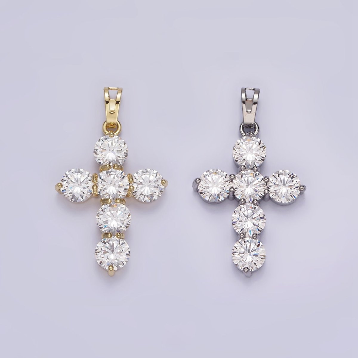 14K Gold Filled Clear CZ Round Lined Religious Cross Pendant in Gold &amp; Silver | AA650