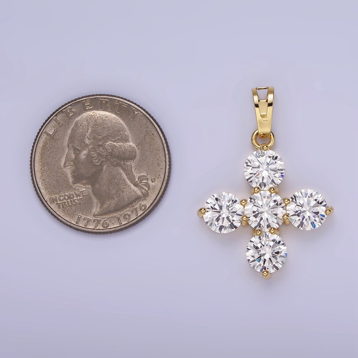 14K Gold Filled Clear CZ Round Lined Square Cross Pendant in Gold &amp; Silver | AH133