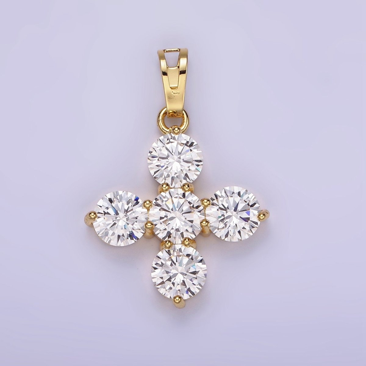14K Gold Filled Clear CZ Round Lined Square Cross Pendant in Gold &amp; Silver | AH133