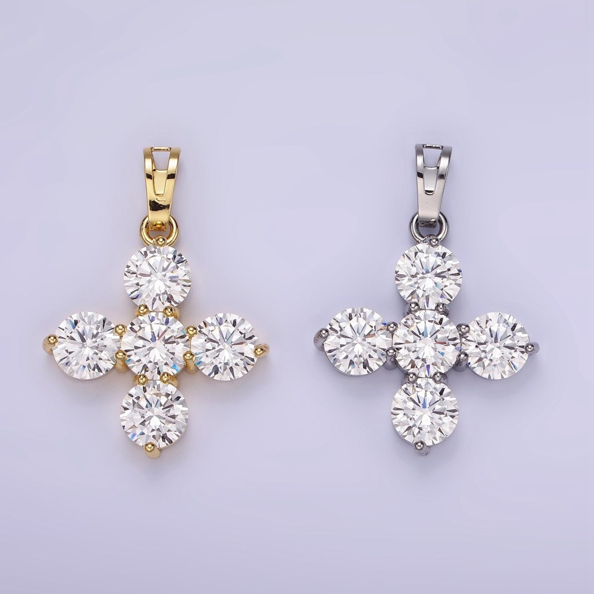 14K Gold Filled Clear CZ Round Lined Square Cross Pendant in Gold &amp; Silver | AH133