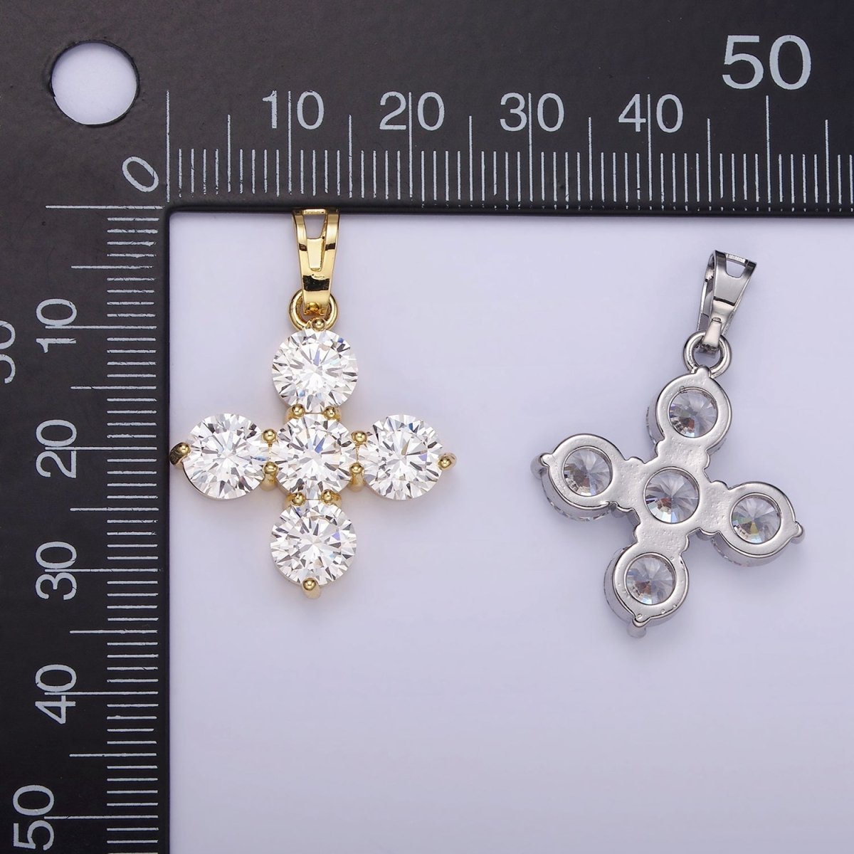 14K Gold Filled Clear CZ Round Lined Square Cross Pendant in Gold &amp; Silver | AH133