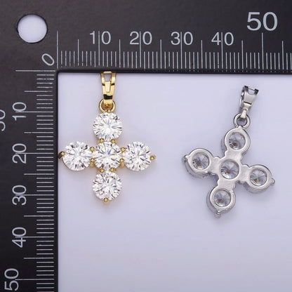 14K Gold Filled Clear CZ Round Lined Square Cross Pendant in Gold &amp; Silver | AH133