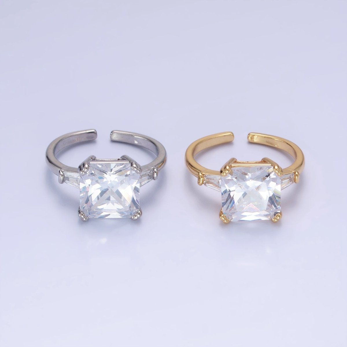 14K Gold Filled Clear CZ Square Baguette Solitaire Ring in Gold &amp; Silver | O1324 O1325