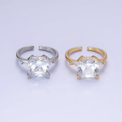 14K Gold Filled Clear CZ Square Baguette Solitaire Ring in Gold &amp; Silver | O1324 O1325
