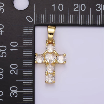 14K Gold Filled Clear CZ Square Lined 27mm Beaded Cross Pendant | N1286