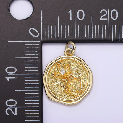 14K Gold Filled Clear CZ Water Lily Flower Hammered Wax Stamped Round Charm | AG252