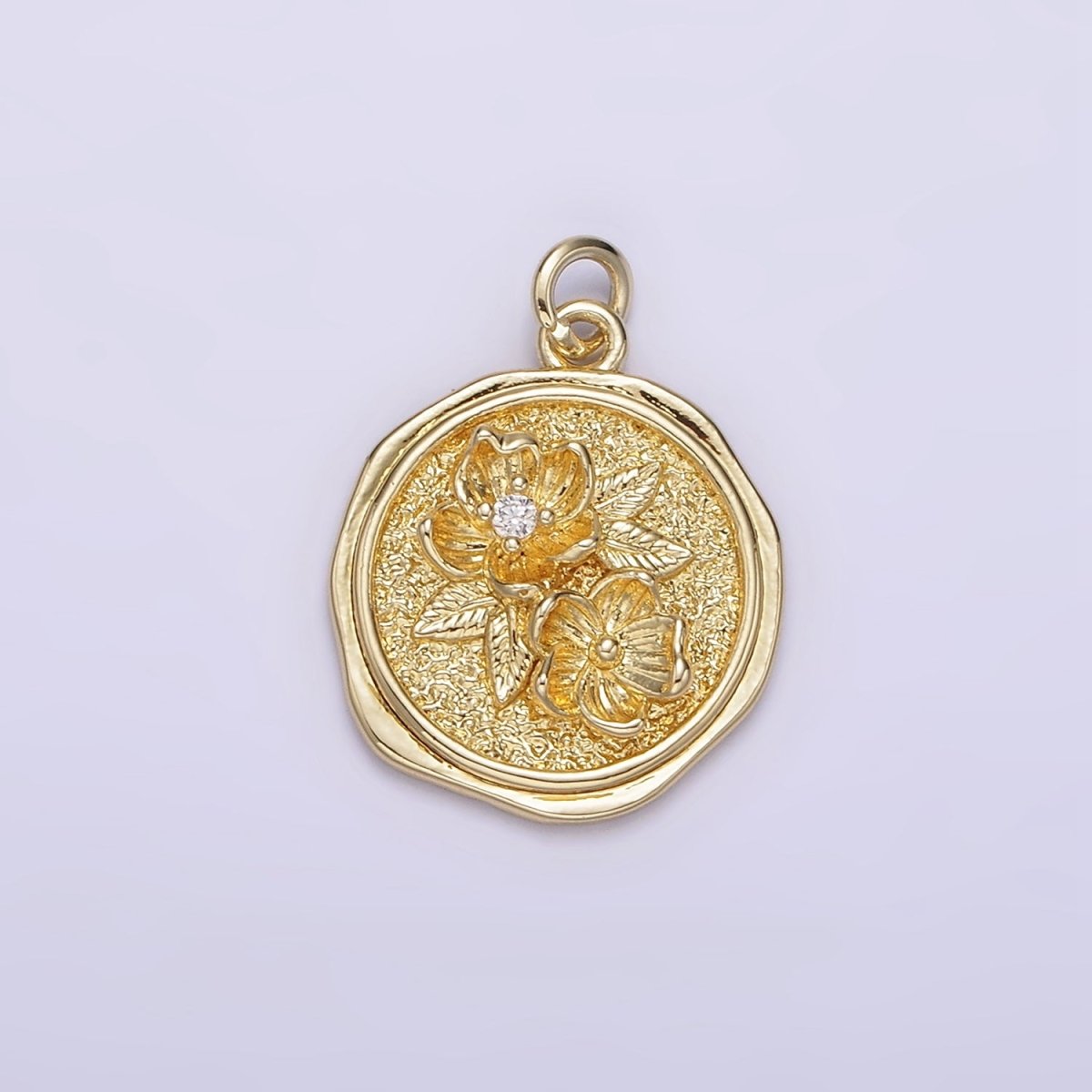 14K Gold Filled Clear CZ Water Lily Flower Hammered Wax Stamped Round Charm | AG252