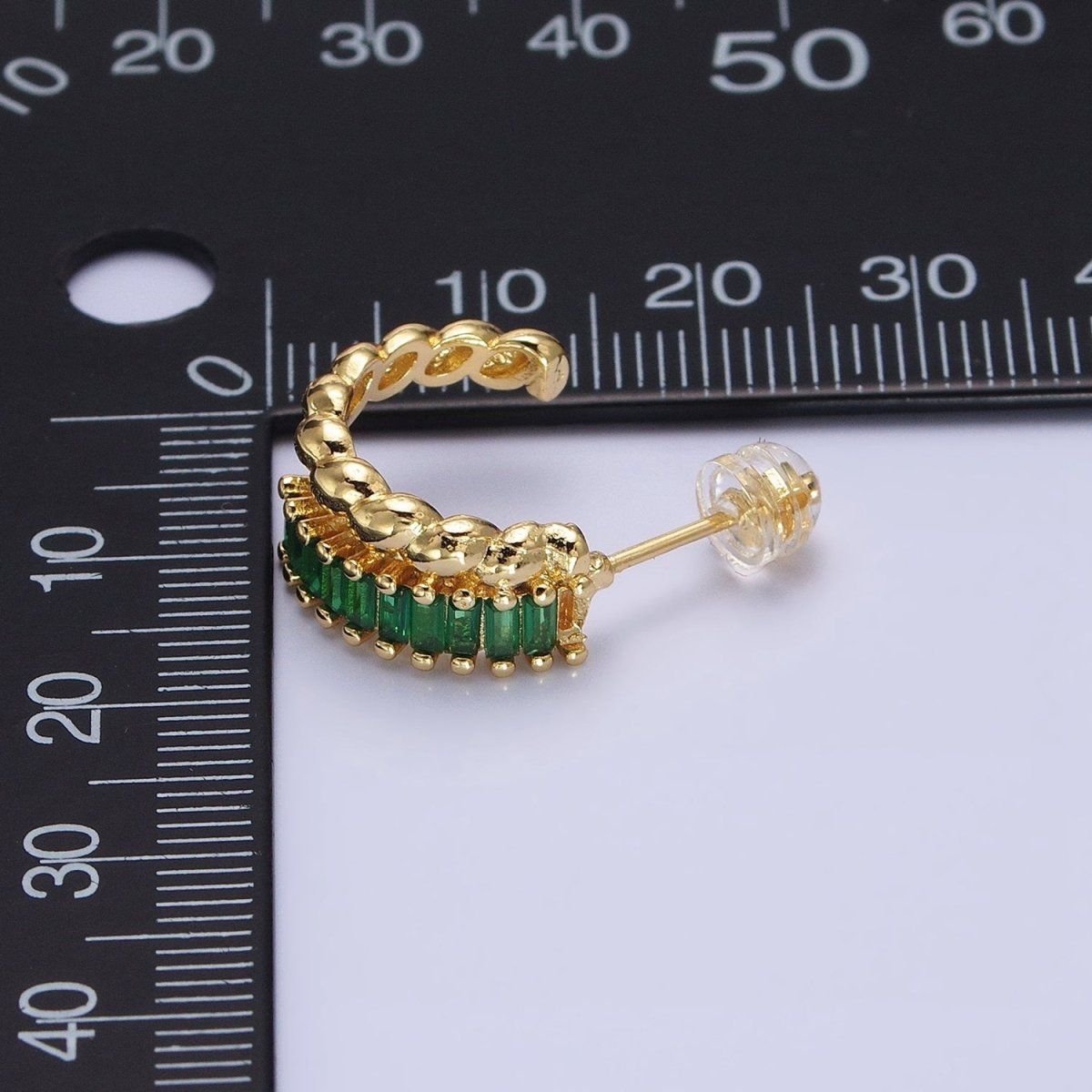 14K Gold Filled Clear, Fuchsia, Green Baguette Croissant Double Band C-Shaped Hoop Earrings in Gold &amp; Silver | AB1508 - AB1513