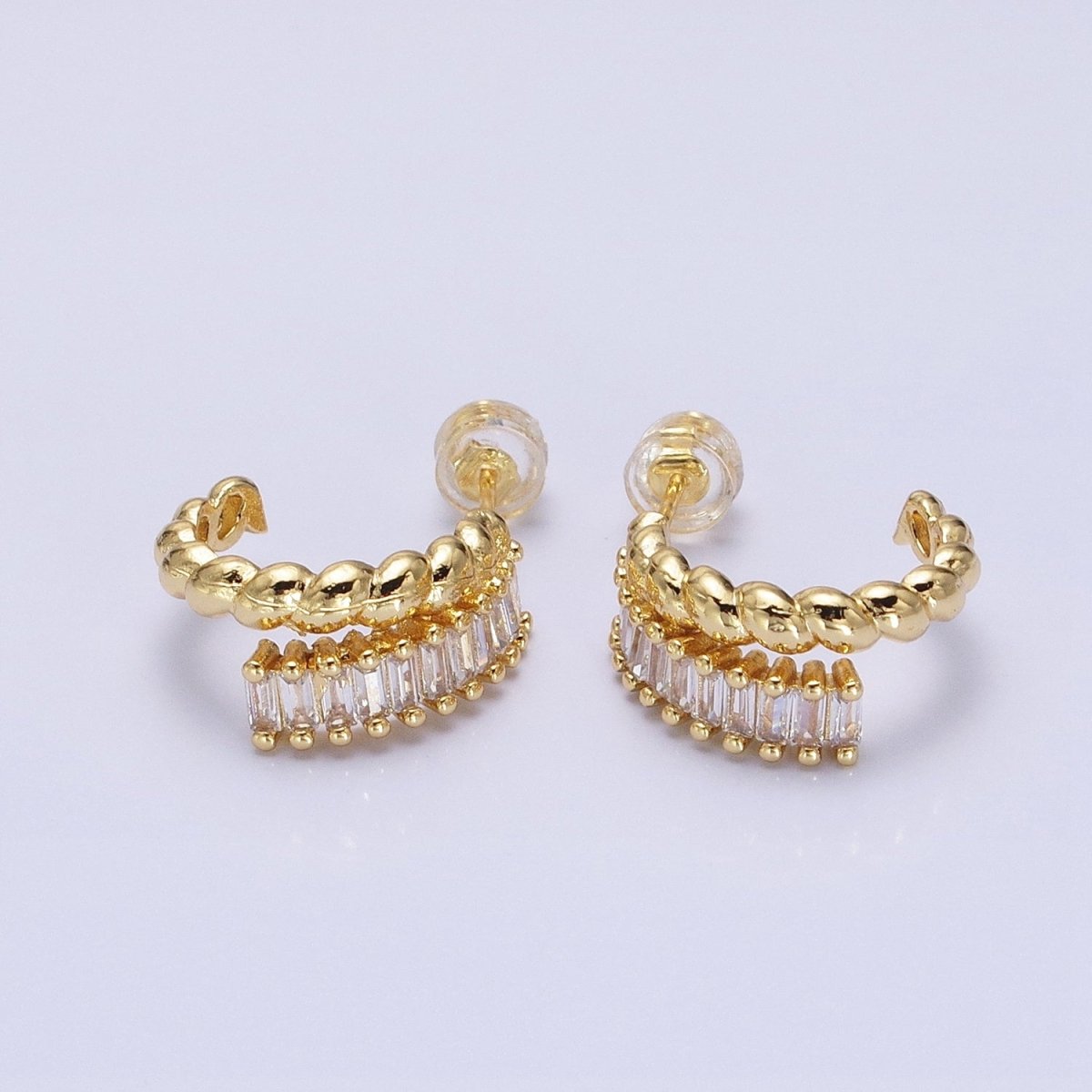 14K Gold Filled Clear, Fuchsia, Green Baguette Croissant Double Band C-Shaped Hoop Earrings in Gold &amp; Silver | AB1508 - AB1513