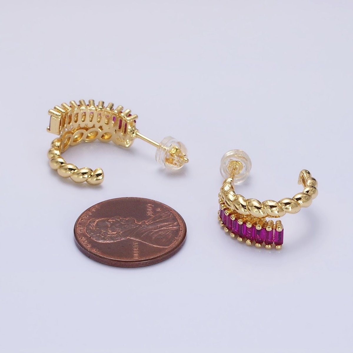 14K Gold Filled Clear, Fuchsia, Green Baguette Croissant Double Band C-Shaped Hoop Earrings in Gold &amp; Silver | AB1508 - AB1513