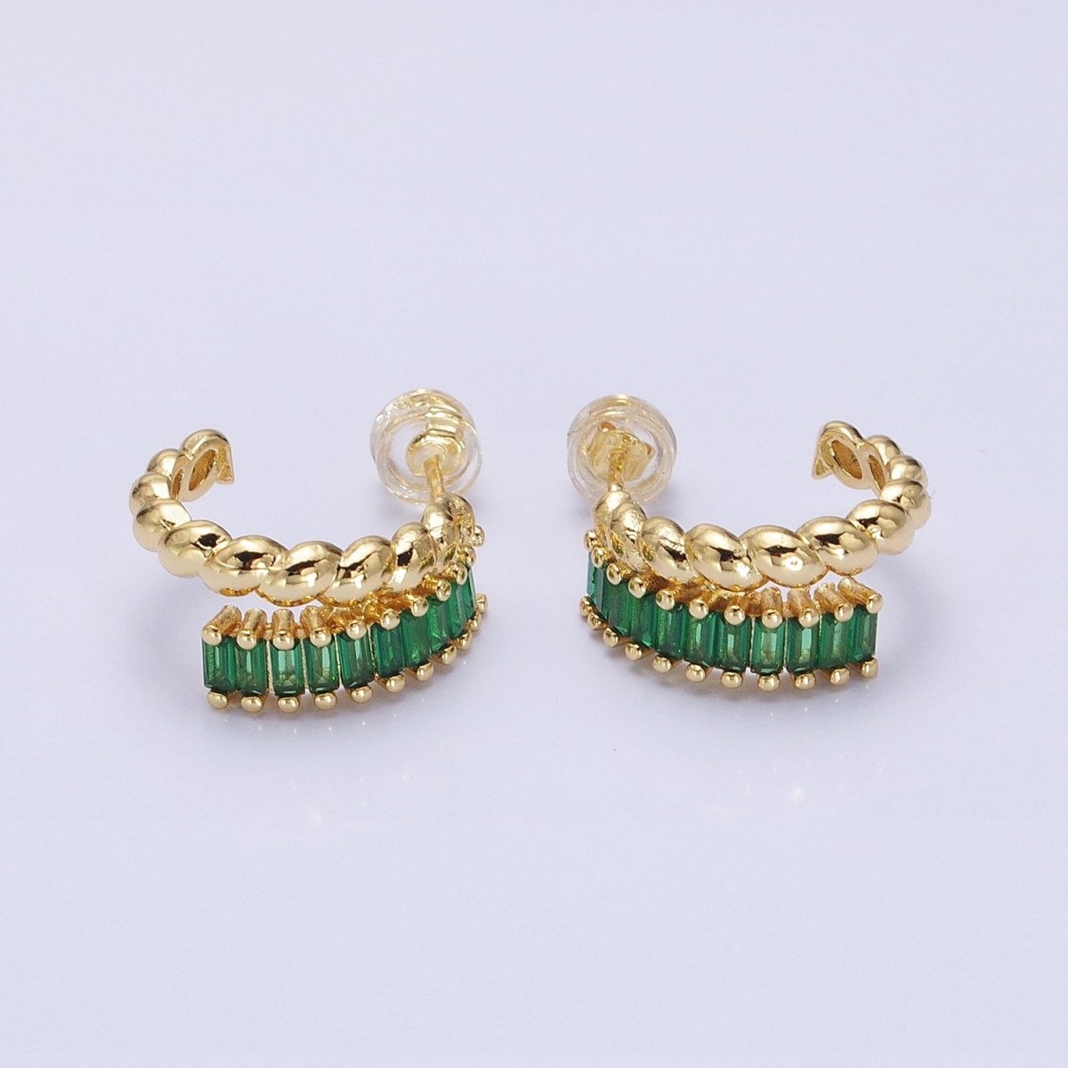 14K Gold Filled Clear, Fuchsia, Green Baguette Croissant Double Band C-Shaped Hoop Earrings in Gold &amp; Silver | AB1508 - AB1513