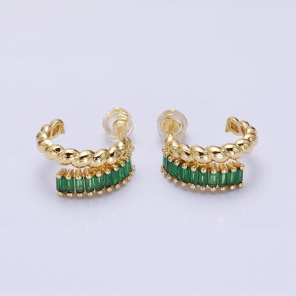 14K Gold Filled Clear, Fuchsia, Green Baguette Croissant Double Band C-Shaped Hoop Earrings in Gold &amp; Silver | AB1508 - AB1513