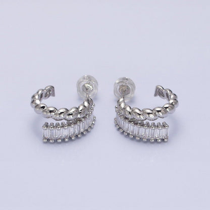 14K Gold Filled Clear, Fuchsia, Green Baguette Croissant Double Band C-Shaped Hoop Earrings in Gold &amp; Silver | AB1508 - AB1513