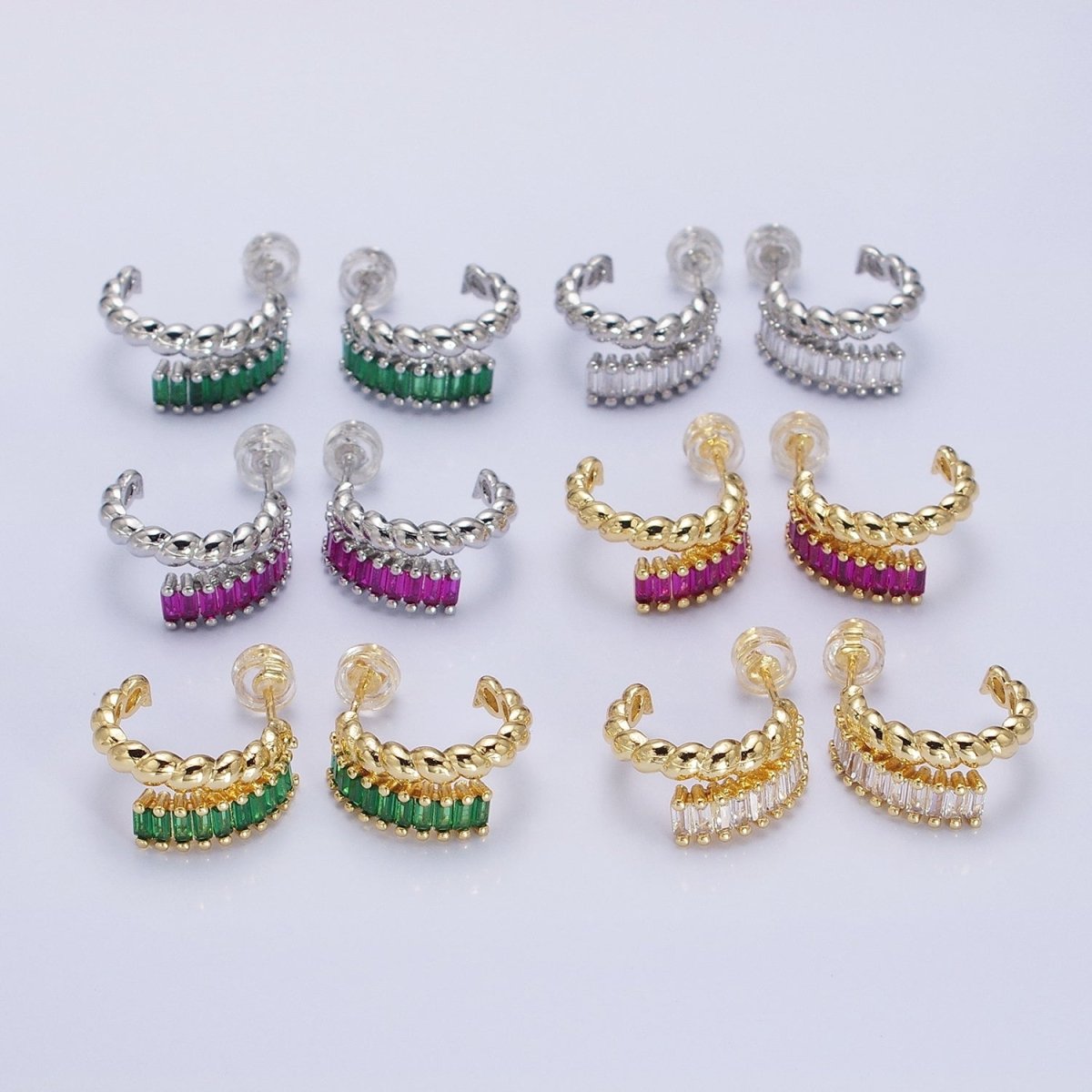 14K Gold Filled Clear, Fuchsia, Green Baguette Croissant Double Band C-Shaped Hoop Earrings in Gold &amp; Silver | AB1508 - AB1513