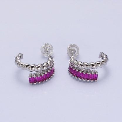 14K Gold Filled Clear, Fuchsia, Green Baguette Croissant Double Band C-Shaped Hoop Earrings in Gold &amp; Silver | AB1508 - AB1513