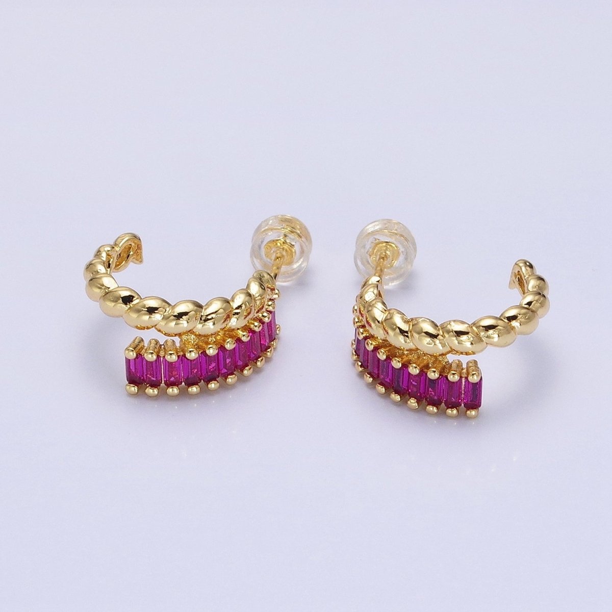 14K Gold Filled Clear, Fuchsia, Green Baguette Croissant Double Band C-Shaped Hoop Earrings in Gold &amp; Silver | AB1508 - AB1513