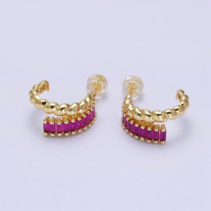 14K Gold Filled Clear, Fuchsia, Green Baguette Croissant Double Band C-Shaped Hoop Earrings in Gold &amp; Silver | AB1508 - AB1513