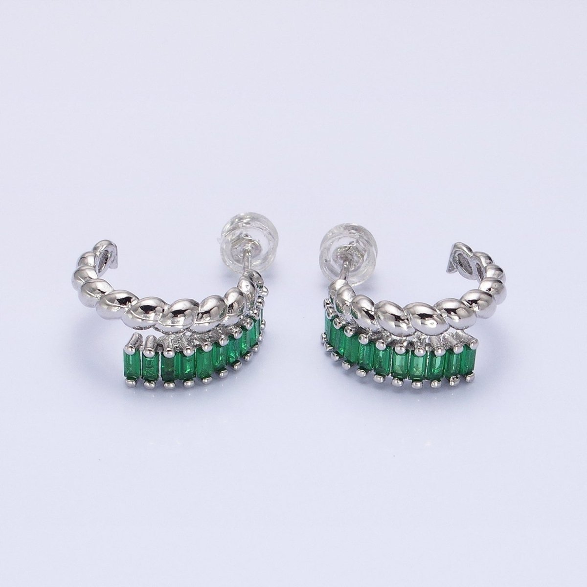 14K Gold Filled Clear, Fuchsia, Green Baguette Croissant Double Band C-Shaped Hoop Earrings in Gold &amp; Silver | AB1508 - AB1513