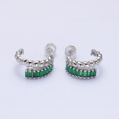 14K Gold Filled Clear, Fuchsia, Green Baguette Croissant Double Band C-Shaped Hoop Earrings in Gold &amp; Silver | AB1508 - AB1513