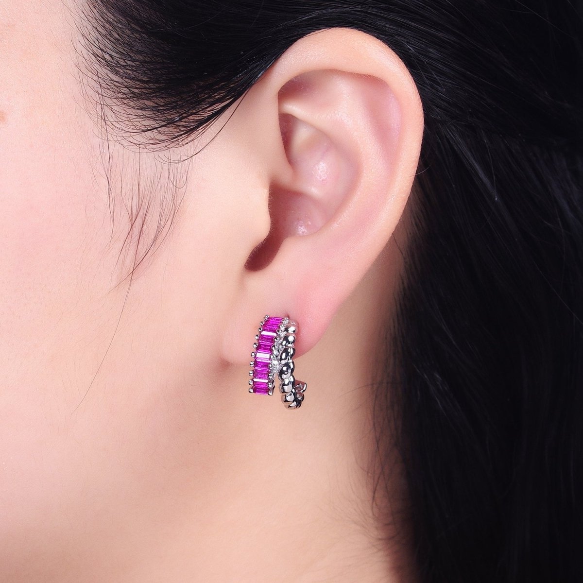 14K Gold Filled Clear, Fuchsia, Green Baguette Croissant Double Band C-Shaped Hoop Earrings in Gold &amp; Silver | AB1508 - AB1513