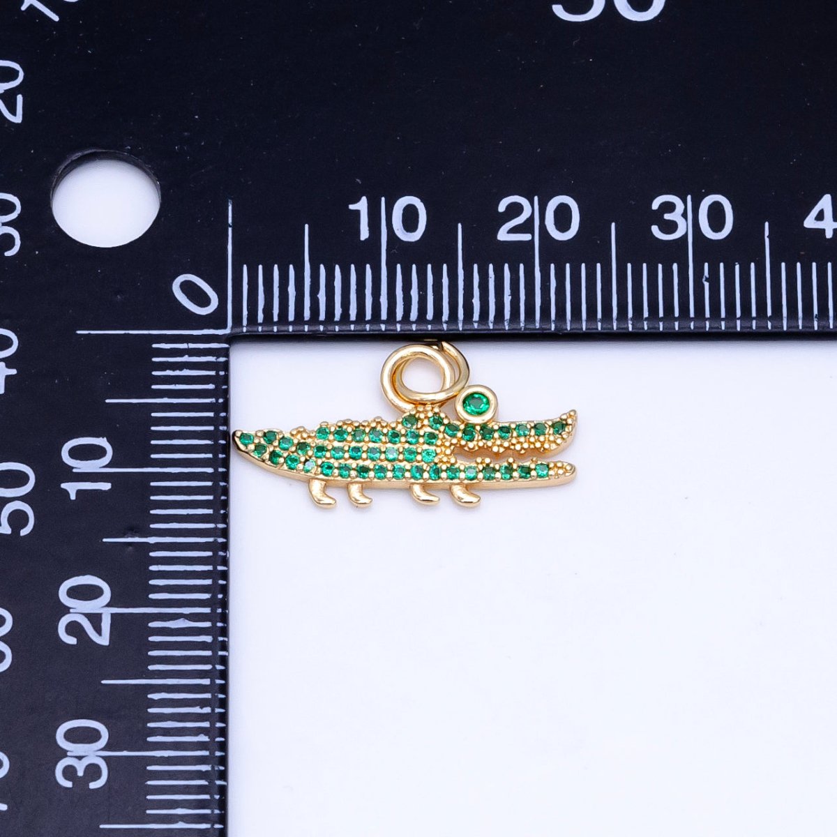 14K Gold Filled Clear. Green Micro Paved CZ Crocodile Charm | C648