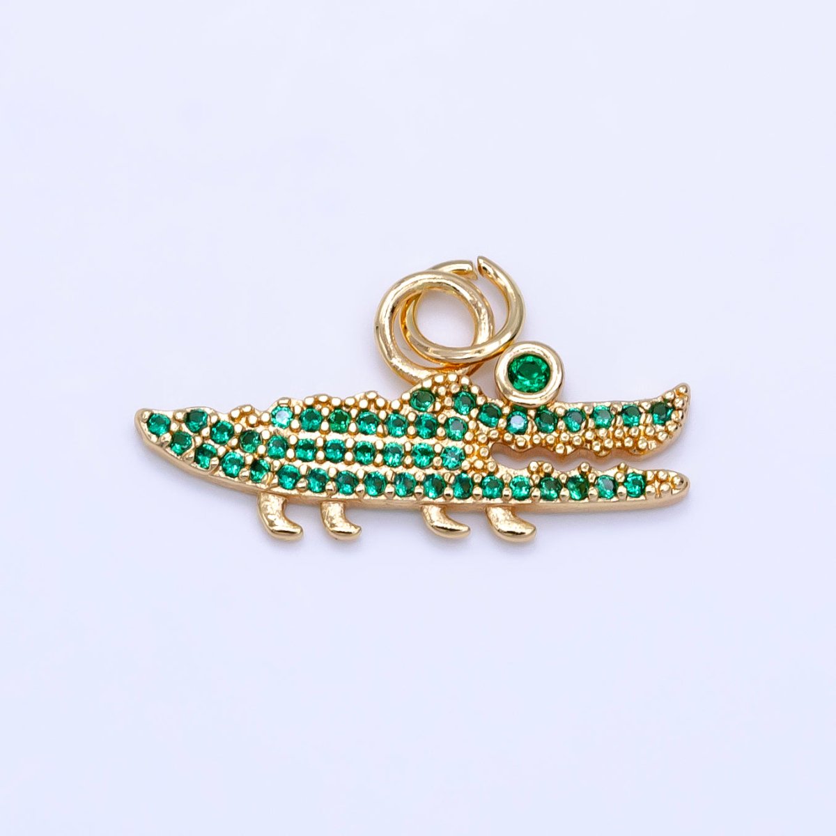 14K Gold Filled Clear. Green Micro Paved CZ Crocodile Charm | C648