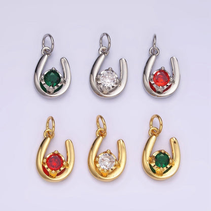 14K Gold Filled Clear, Green, Red CZ Lucky U Horseshoe Charm in Gold &amp; Silver | AC827 - AC832