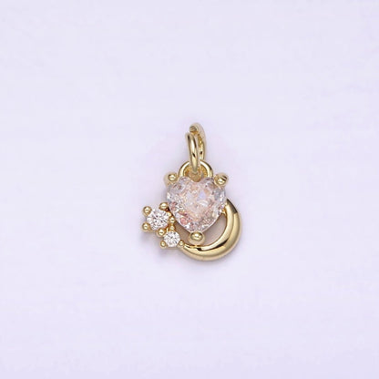 14K Gold Filled Clear Heart CZ Celestial Crescent Moon Add-On Charm | AG255