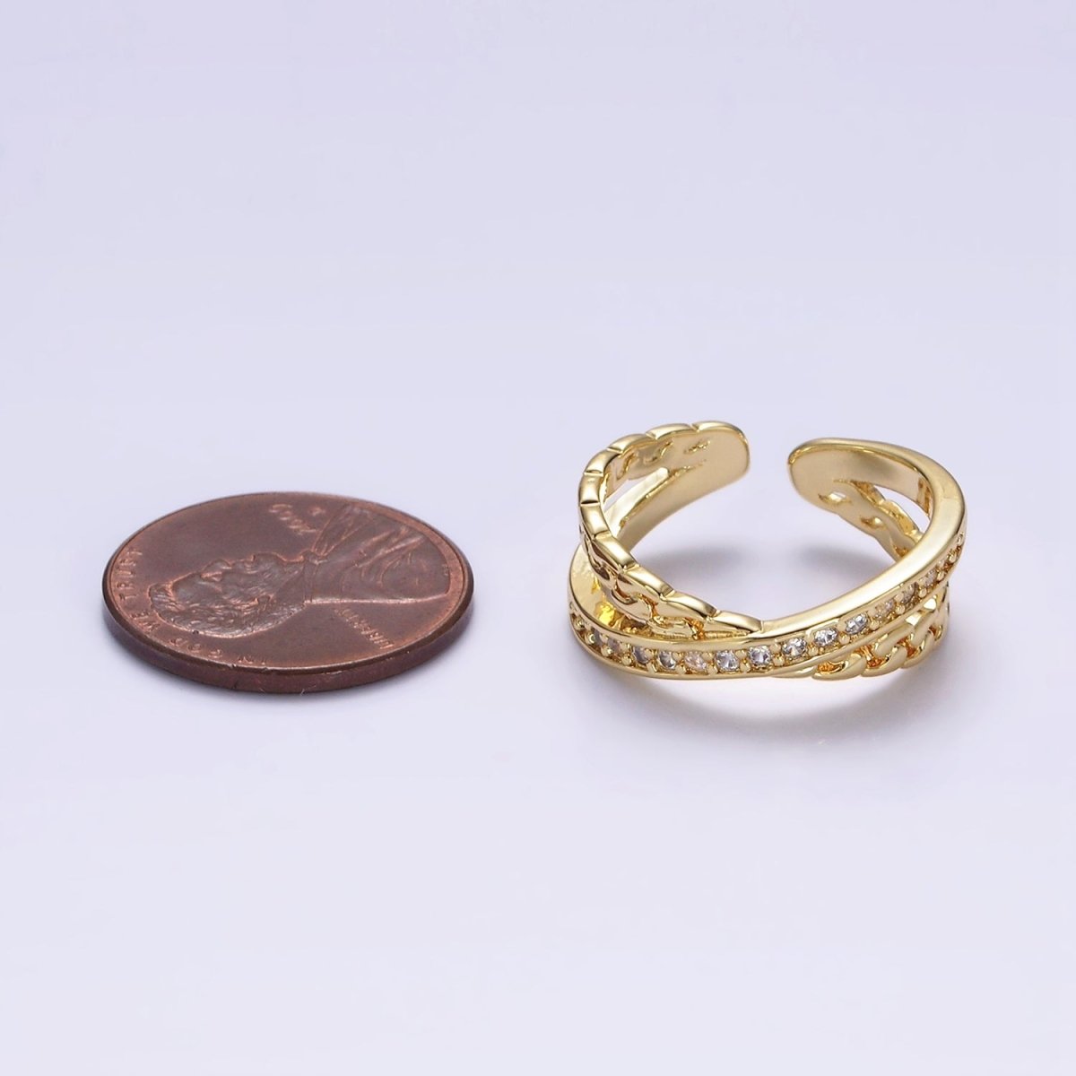 14K Gold Filled Clear Micro Paved CZ Chain Link X Cross Double Band Ring in Gold &amp; Silver | O-586 O-587