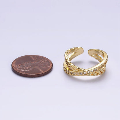 14K Gold Filled Clear Micro Paved CZ Chain Link X Cross Double Band Ring in Gold &amp; Silver | O-586 O-587