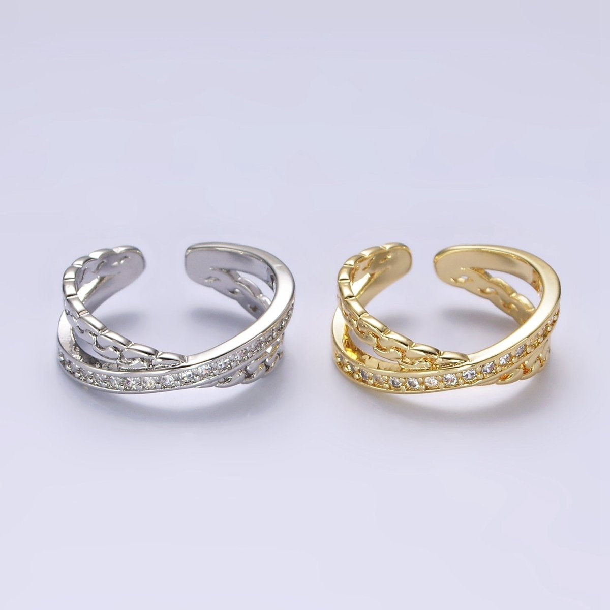 14K Gold Filled Clear Micro Paved CZ Chain Link X Cross Double Band Ring in Gold &amp; Silver | O-586 O-587