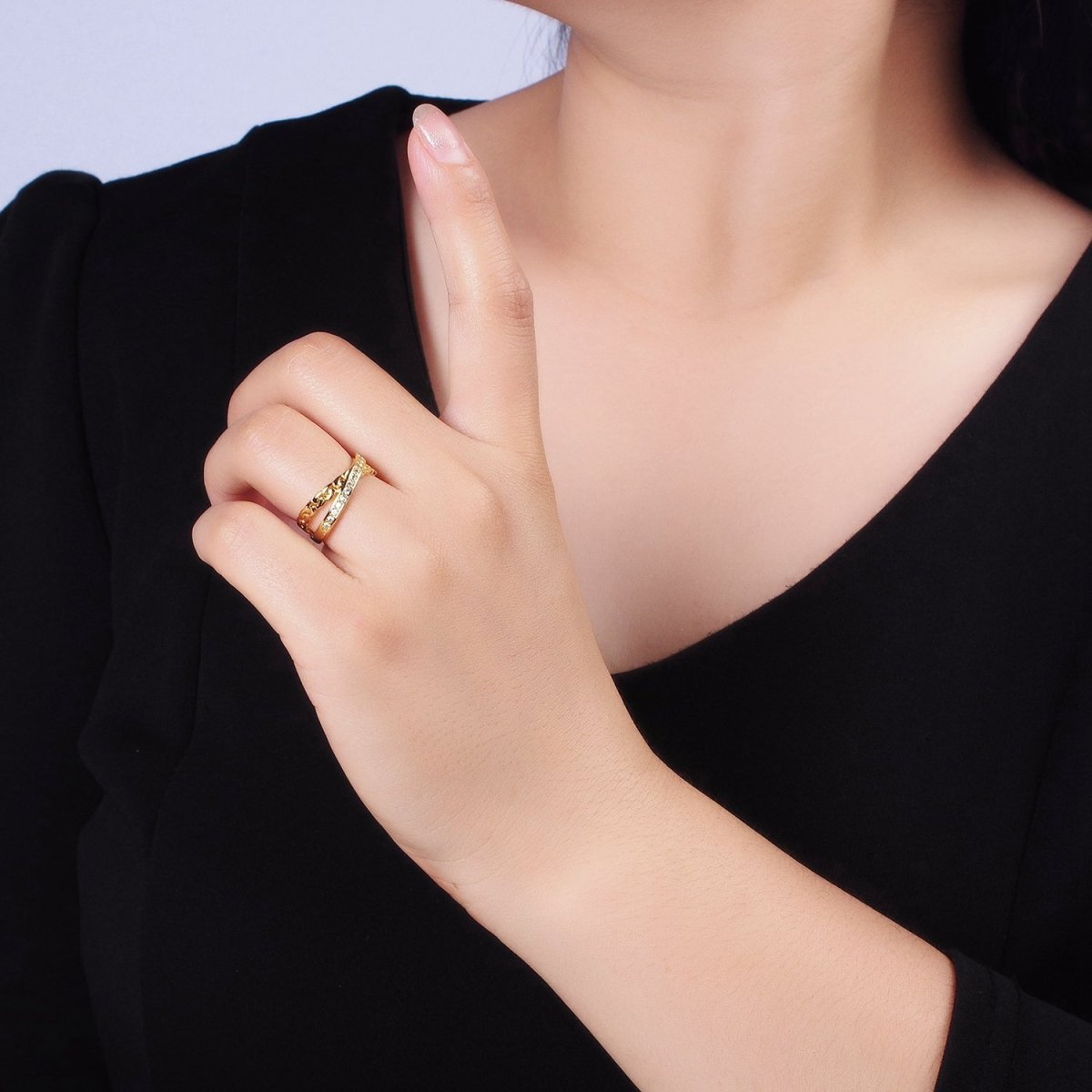 14K Gold Filled Clear Micro Paved CZ Chain Link X Cross Double Band Ring in Gold &amp; Silver | O-586 O-587