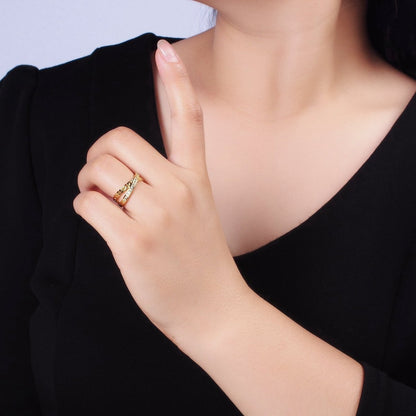 14K Gold Filled Clear Micro Paved CZ Chain Link X Cross Double Band Ring in Gold &amp; Silver | O-586 O-587