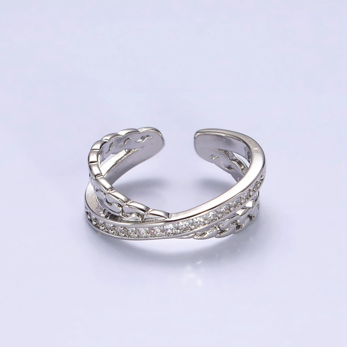 14K Gold Filled Clear Micro Paved CZ Chain Link X Cross Double Band Ring in Gold &amp; Silver | O-586 O-587