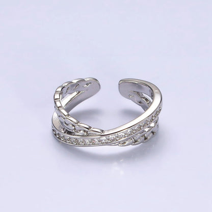 14K Gold Filled Clear Micro Paved CZ Chain Link X Cross Double Band Ring in Gold &amp; Silver | O-586 O-587