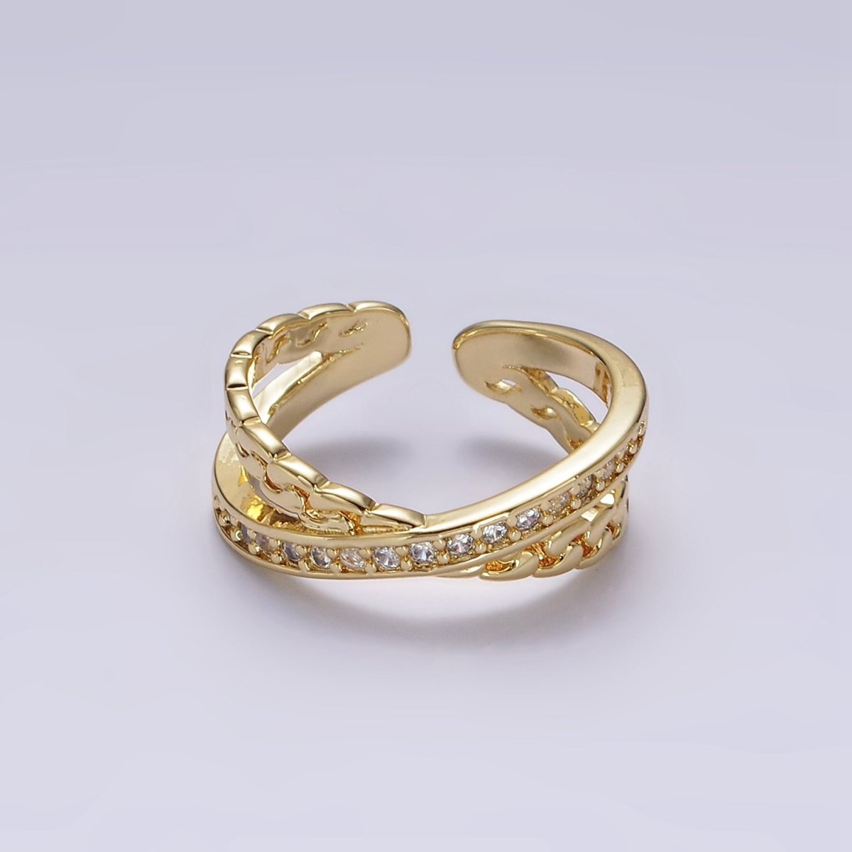 14K Gold Filled Clear Micro Paved CZ Chain Link X Cross Double Band Ring in Gold &amp; Silver | O-586 O-587