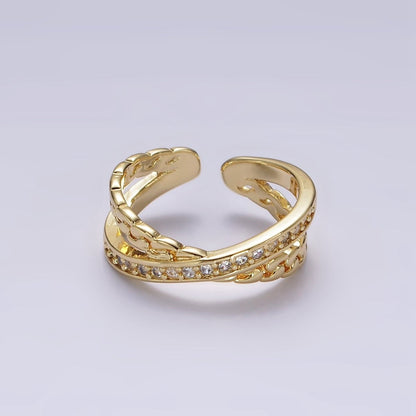 14K Gold Filled Clear Micro Paved CZ Chain Link X Cross Double Band Ring in Gold &amp; Silver | O-586 O-587