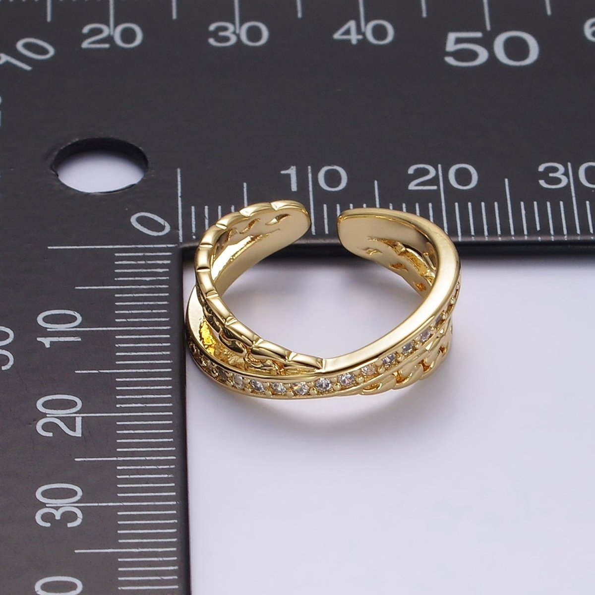 14K Gold Filled Clear Micro Paved CZ Chain Link X Cross Double Band Ring in Gold &amp; Silver | O-586 O-587