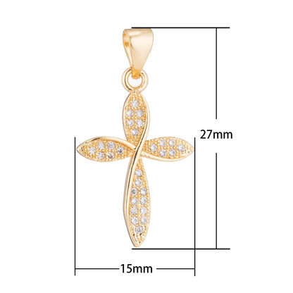 14K Gold Filled Clear Micro Paved CZ Religious Curved Cross Pendant | H361
