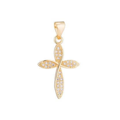14K Gold Filled Clear Micro Paved CZ Religious Curved Cross Pendant | H361