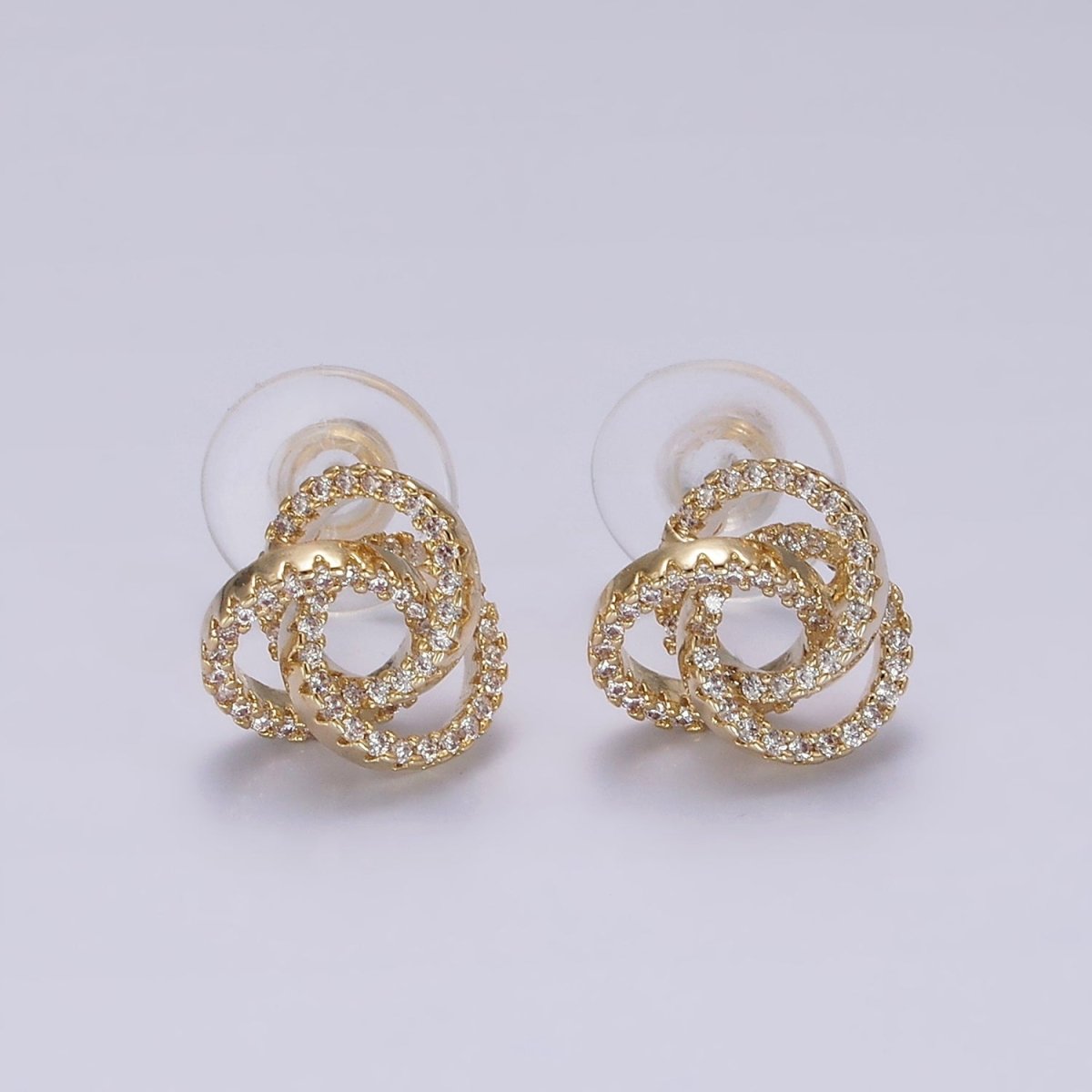 14K Gold Filled Clear Micro Paved Triple Round Circular Stud Earrings in Gold &amp; Silver | V-257