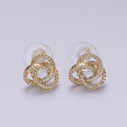 14K Gold Filled Clear Micro Paved Triple Round Circular Stud Earrings in Gold &amp; Silver | V-257