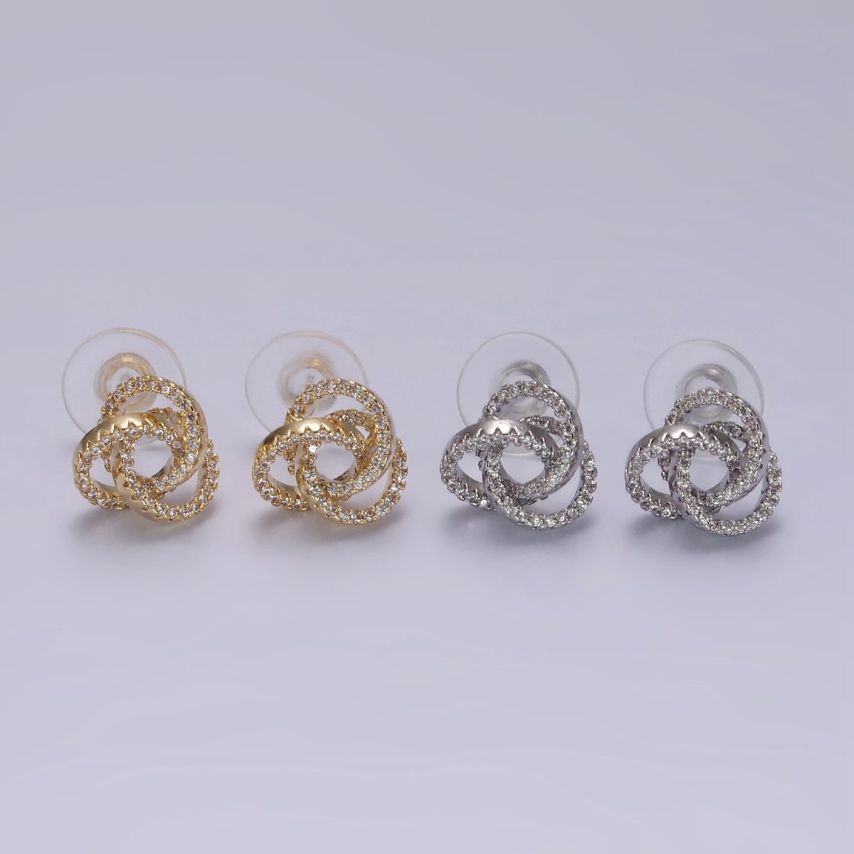 14K Gold Filled Clear Micro Paved Triple Round Circular Stud Earrings in Gold &amp; Silver | V-257