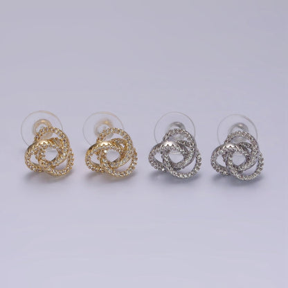 14K Gold Filled Clear Micro Paved Triple Round Circular Stud Earrings in Gold &amp; Silver | V-257